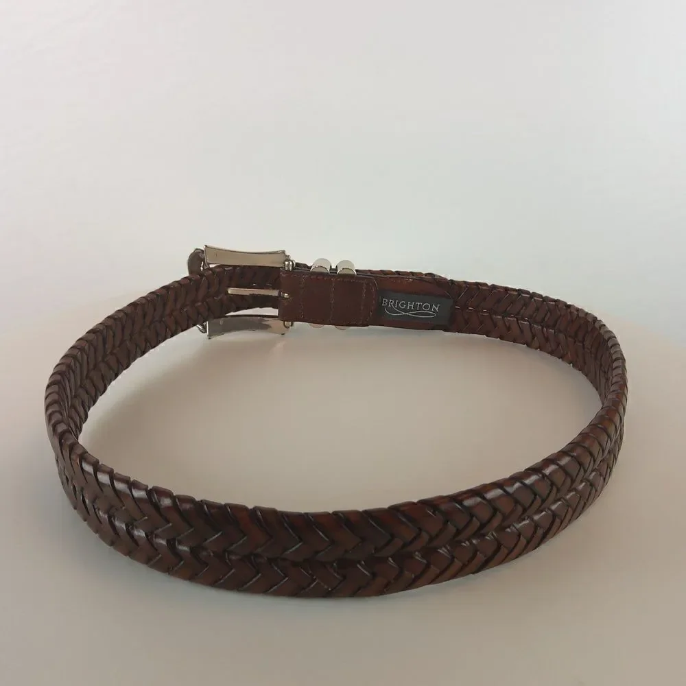 Brighton brown weaved leather belt with decorative silver buckle SZ. S/28
